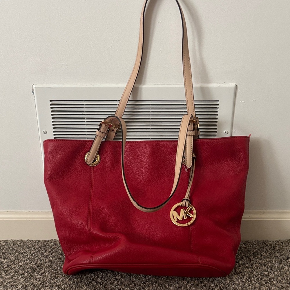 Michael Kors Red and Tan Tote Bag